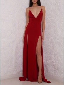 Sheath High Slit V-Neck Backless Long Red Prom Formal Evening Party Dresses 99602779