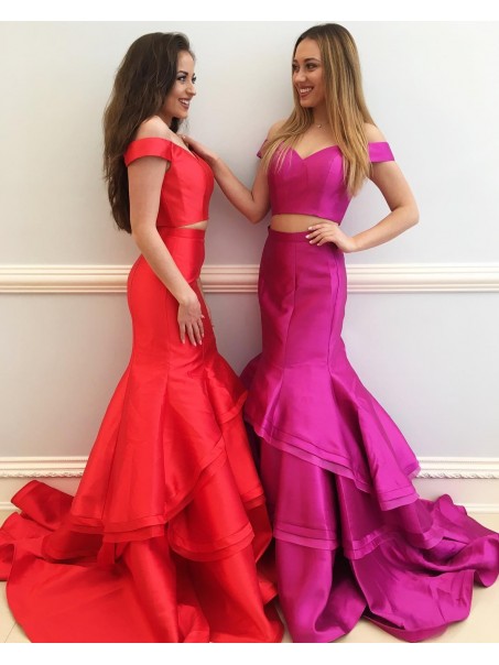Mermaid Long Red Off-the-Shoulder Two Pieces Prom Formal Evening Party Dresses 99602792