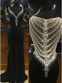 Long Black Beaded Prom Formal Evening Party Dresses 99602794