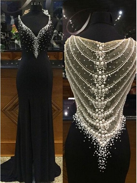 Long Black Beaded Prom Formal Evening Party Dresses 99602794