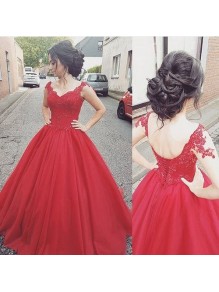 Long Red Lace Ball Gown Prom Formal Evening Party Dresses 99602795