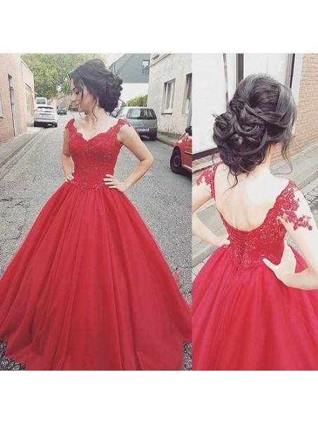 Long Red Lace Ball Gown Prom Formal Evening Party Dresses 99602795