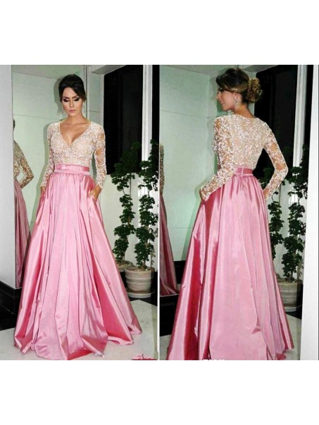 A-Line Long Sleeves V-Neck Prom Formal Evening Party Dresses 99602802