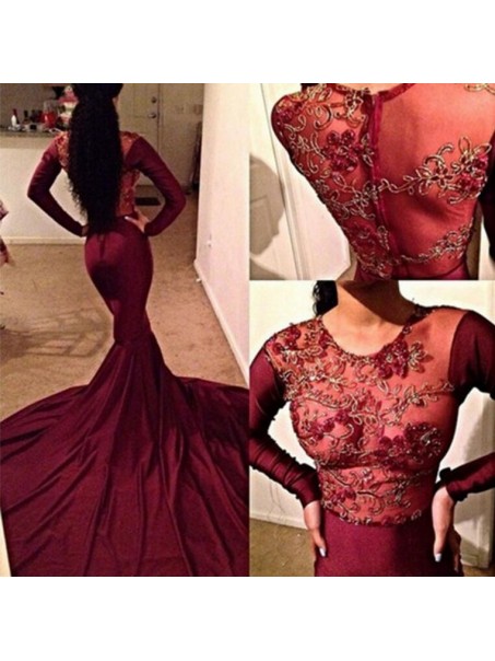 Long Sleeves Mermaid Lace Appliques Prom Formal Evening Party Dresses 99602803