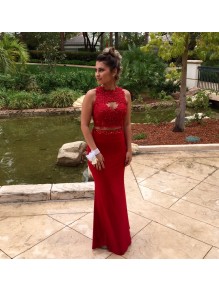 Mermaid Two Pieces Beaded Red Lace Prom Formal Evening Party Dresses 99602811