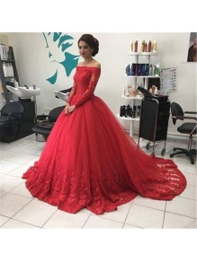 Long Red Off-the-Shoulder Long Sleeves Lace Prom Formal Evening Party Dresses 99602826