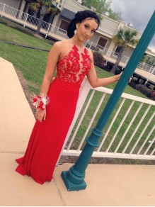 Long Red Halter Lace Prom Formal Evening Party Dresses 99602833