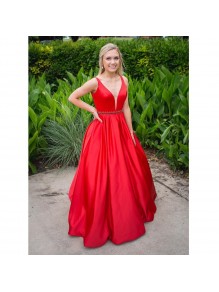 Long Red V-Neck Beaded Prom Formal Evening Party Dresses 99602839