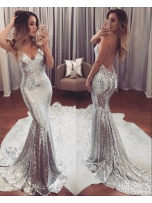 Mermaid Silver Sequins V-Neck Prom Formal Evening Party Dresses 99602843