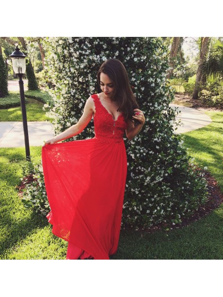 Long Red V-Neck Lace Chiffon Prom Formal Evening Party Dresses 99602844 Long Red V-Neck Lace Chiffon Prom Formal Evening Party Dresses 99602844