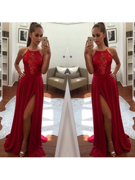 Long Red Lace Chiffon Prom Formal Evening Party Dresses 99602855