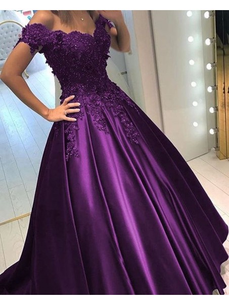 Ball Gown Off-the-Shoulder Purple Long Lace Prom Formal Evening Party Dresses 99602858