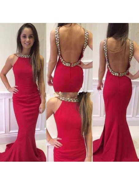 Beaded Long Red Mermaid Backless Prom Formal Evening Party Dresses 99602878