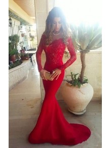 Long Sleeves Lace Mermaid Off-the-Shoulder Long Red Prom Formal Evening Party Dresses 99602880 Long Sleeves Lace Mermaid Off-the-Shoulder Long Red Prom Formal Evening Party Dresses 99602880
