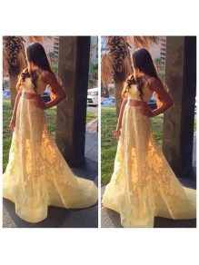 Long Yellow Two Pieces Lace Prom Formal Evening Party Dresses 99602889
