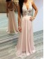 A-Line V-Neck Long Pink Lace Prom Formal Evening Party Dresses 99602893