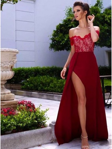 Long Red Lace Off-the-Shoulder Prom Formal Evening Party Dresses 99602894