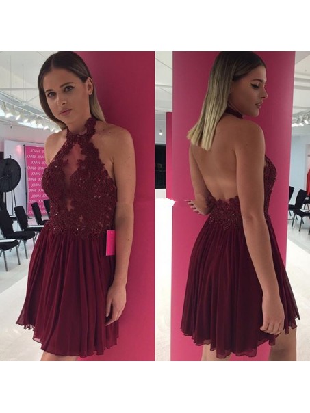 A-Line Halter Lace Chiffon Short Prom Homecoming Cocktail Graduation Dresses 99602896