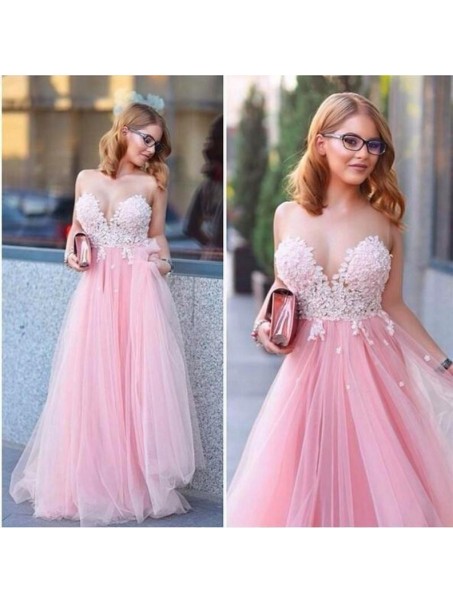 Long Pink Tulle White Lace Appliques Prom Formal Evening Party Dresses 99602904
