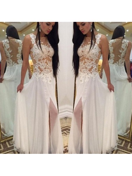 Long White Lace and Chiffon Prom Formal Evening Party Dresses 99602906