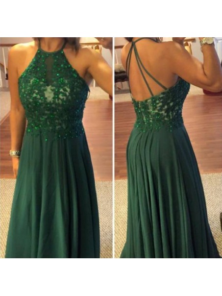 Long Green Lace Appliques and Chiffon Prom Formal Evening Party Dresses 99602907