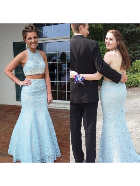 Halter Mermaid Two Pieces Beaded Lace Prom Formal Evening Party Dresses 99602914