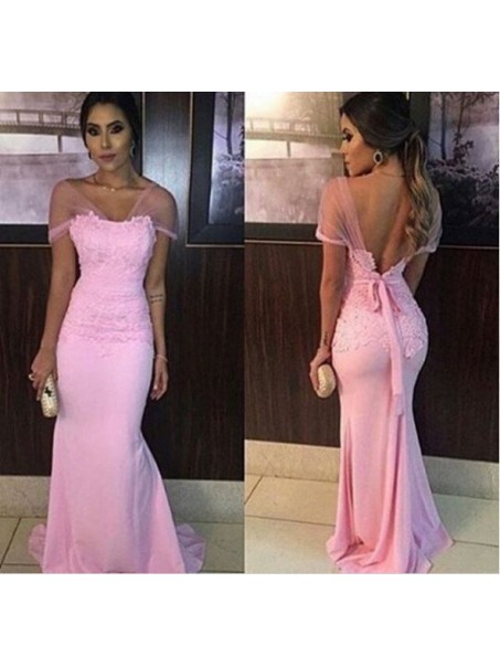 Mermaid Long Pink Lace Appliques Prom Formal Evening Party Dresses 99602923