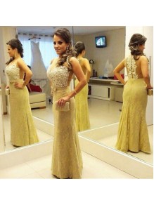 Beaded Long Yellow Lace Mermaid Prom Formal Evening Party Dresses 99602924