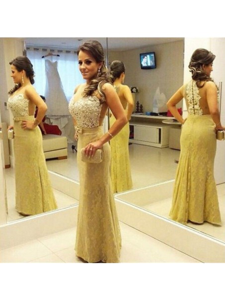 Beaded Long Yellow Lace Mermaid Prom Formal Evening Party Dresses 99602924