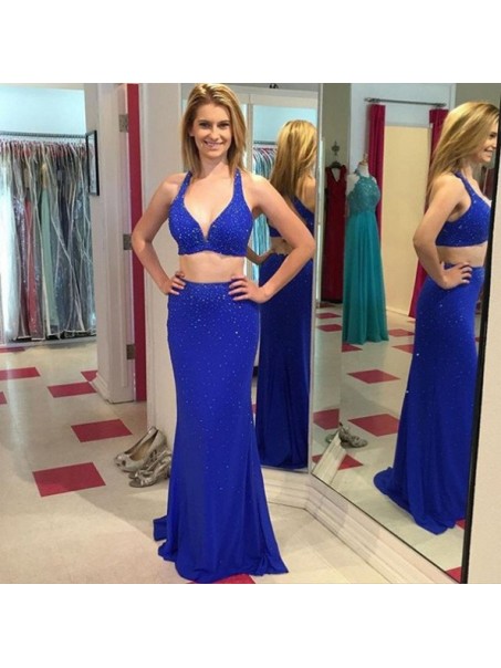 Beaded Long Blue Two Pieces Prom Formal Evening Party Dresses 99602927