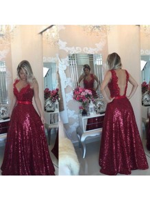 A-Line V-Neck Sequins Long Prom Formal Evening Party Dresses 99602937