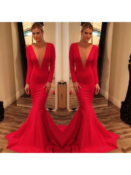 Mermaid Long Sleeves Deep V-Neck Prom Formal Evening Party Dresses 99602939