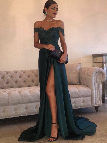 Elegant Dark Green Off-the-Shoulder Floor-Length High Side Split Lace Long Prom Evening Dresses 99602941 Elegant Dark Green Off-the-Shoulder Floor-Length High Side Split Lace Long Prom Evening Dresses 99602941
