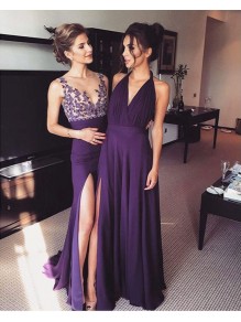 Long Purple Lace Appliques Prom Formal Evening Party Dresses 99602955