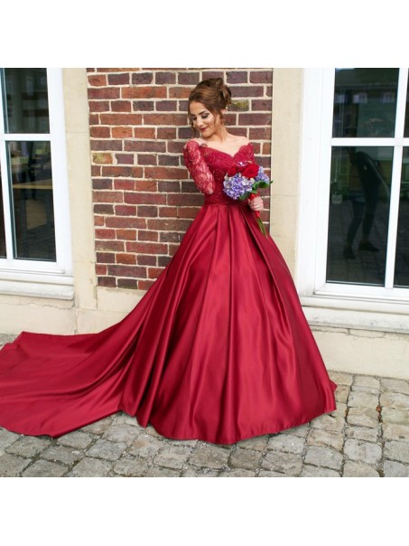 Ball Gown Long Red Long Sleeves Lace Off-the-Shoulder Prom Formal Evening Party Dresses 99602956