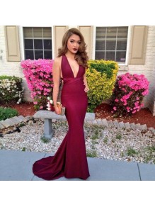 Deep V-Neck Halter Mermaid Long Burgundy Prom Formal Evening Party Dresses 99602957