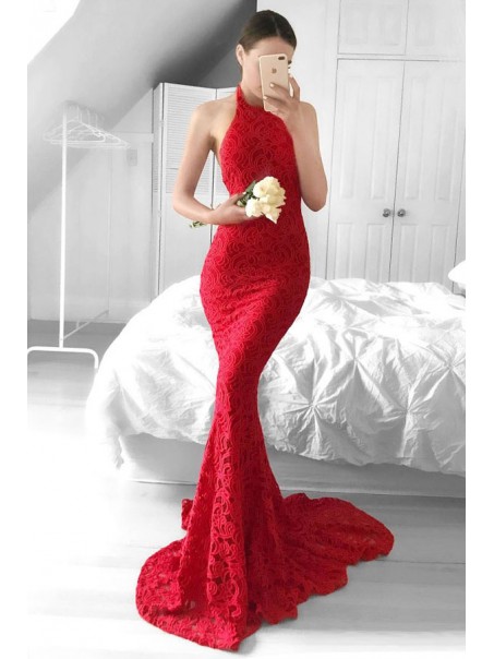 Mermaid Halter Long Red Backless Lace Prom Formal Evening Party Dresses 99602959 Mermaid Halter Long Red Backless Lace Prom Formal Evening Party Dresses 99602959