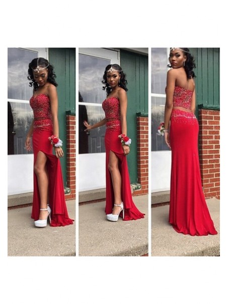 Beaded Two Pieces Long Red Chiffon Prom Formal Evening Party Dresses 99602969