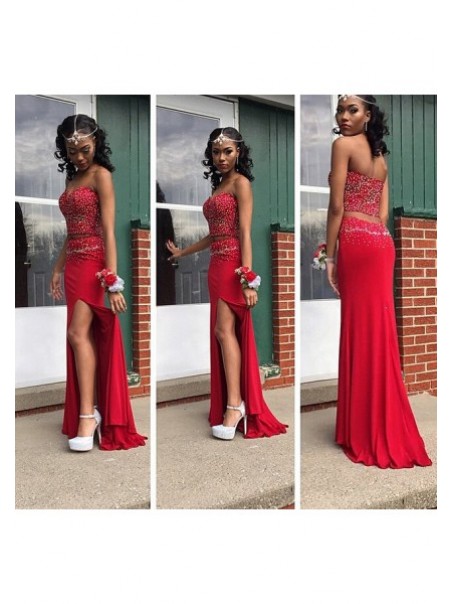 Beaded Two Pieces Long Red Chiffon Prom Formal Evening Party Dresses 99602969 Beaded Two Pieces Long Red Chiffon Prom Formal Evening Party Dresses 99602969