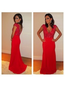 Long Red Mermaid Beaded Lace Prom Formal Evening Party Dresses 99602973