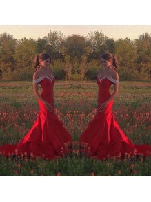Mermaid Beaded Long Red Off-the-Shoulder Prom Formal Evening Party Dresses 99602982