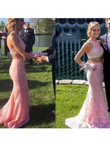 Beaded Long Pink Two Pieces Lace Halter Prom Formal Evening Party Dresses 99602983