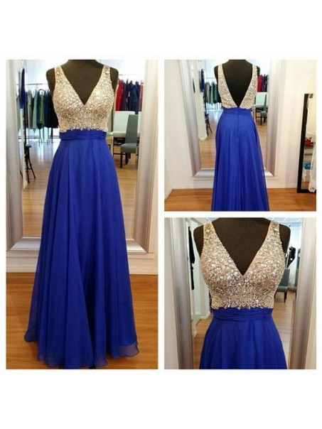 A-Line V-Neck Long Blue Beaded Prom Formal Evening Party Dresses 99602988