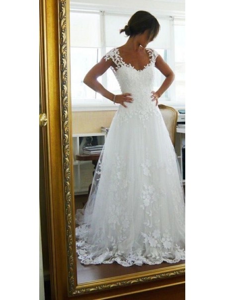 A-Line Cap Sleeves Lace Wedding Dresses Bridal Gowns 99603005