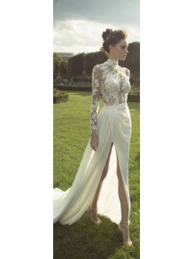 Sheath High Neck Long Sleeves Split See Through Wedding Dresses Bridal Gowns 99603012 Sheath High Neck Long Sleeves Split See Through Wedding Dresses Bridal Gowns 99603012