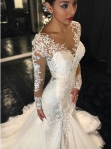 Mermaid Long Sleeves V-Neck Lace Wedding Dresses Bridal Gowns 99603027