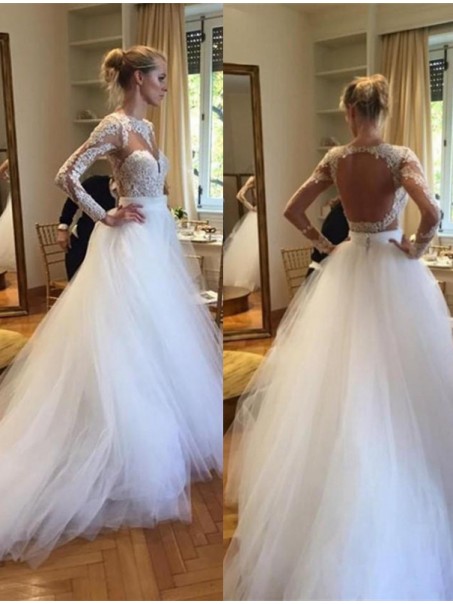Long Sleeves Lace Tulle Open Back Wedding Dresses Bridal Gowns 99603029