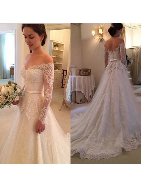 A-Line Off-the-Shoulder Long Sleeves Lace Wedding Dresses Bridal Gowns 99603030
