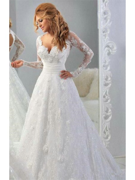 Long Sleeves V-Neck Lace Wedding Dresses Bridal Gowns 99603048