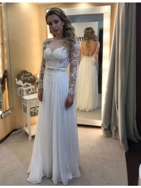 Long Sleeves Lace Chiffon Floor Length Wedding Dresses Bridal Gowns 99603050